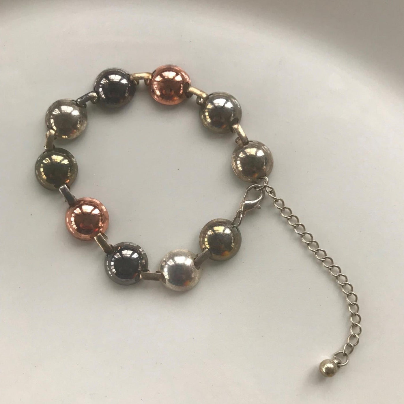 7" Vintage Tri Color Metal Bracelet Copper Silver Black Half Hollow Balls