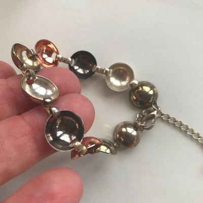 7" Vintage Tri Color Metal Bracelet Copper Silver Black Half Hollow Balls