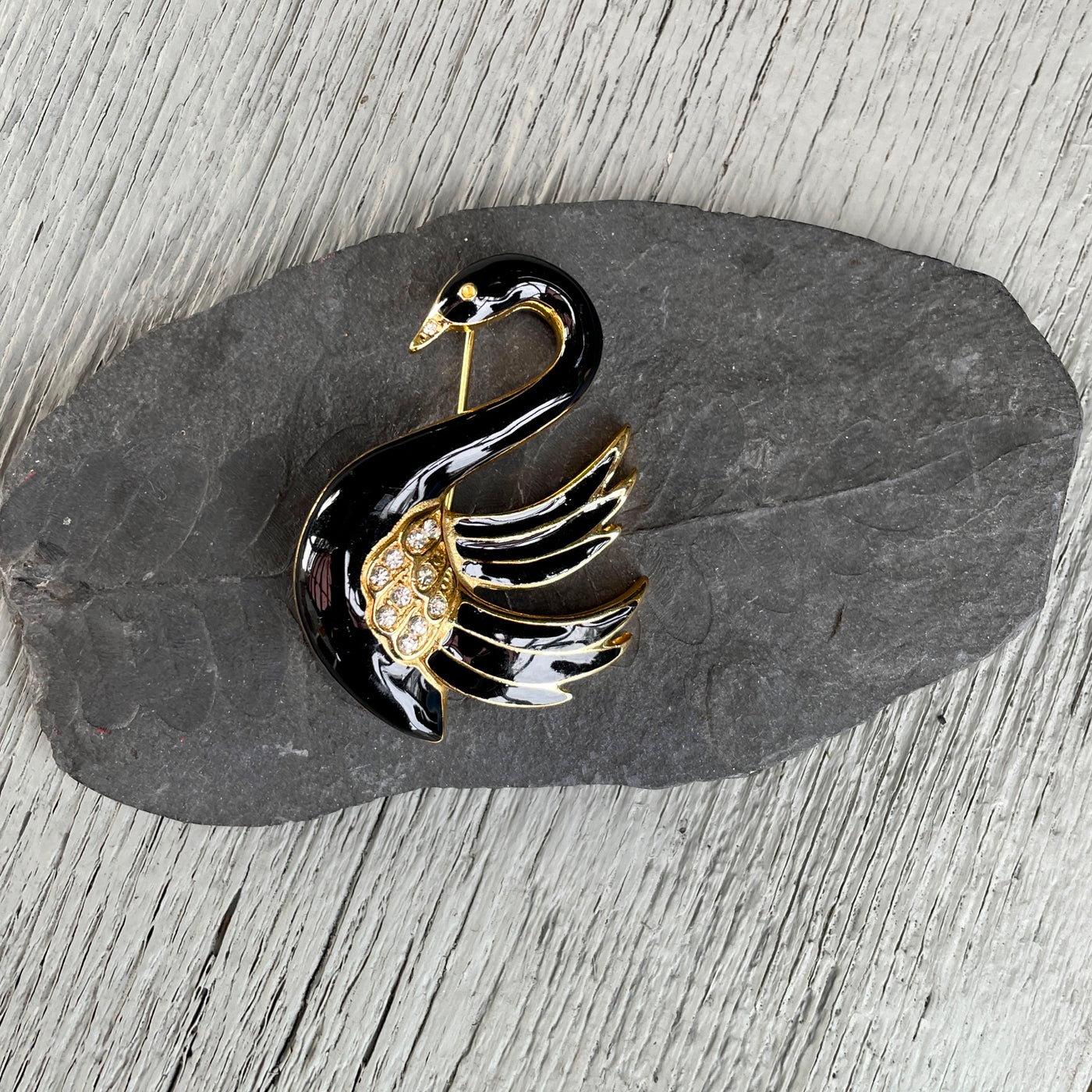 2" Vintage Black Enamel 6 Rhinestones Swan Gold Metal Styled Pin