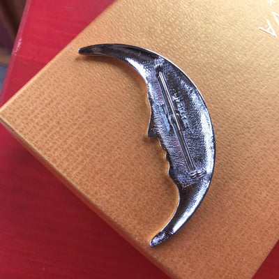 2.75" Chrome Silver Crescent Moon w Face Profile Lapel Pin Brooch