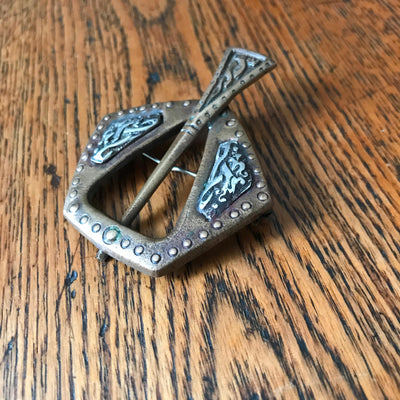 Vintage 2.5" x 2" Bronze & Silver Celtic Scandinavian Pin Brooch Pentagon Shape