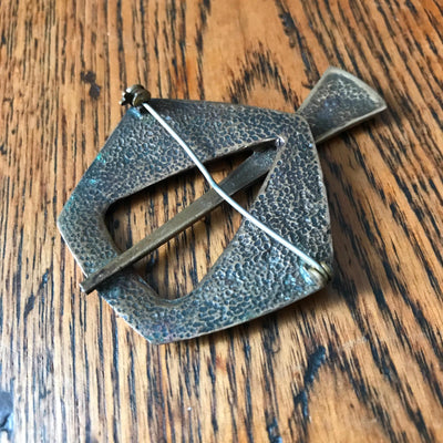 Vintage 2.5" x 2" Bronze & Silver Celtic Scandinavian Pin Brooch Pentagon Shape