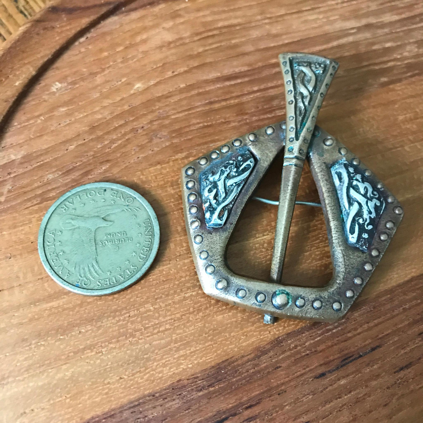 Vintage 2.5" x 2" Bronze & Silver Celtic Scandinavian Pin Brooch Pentagon Shape