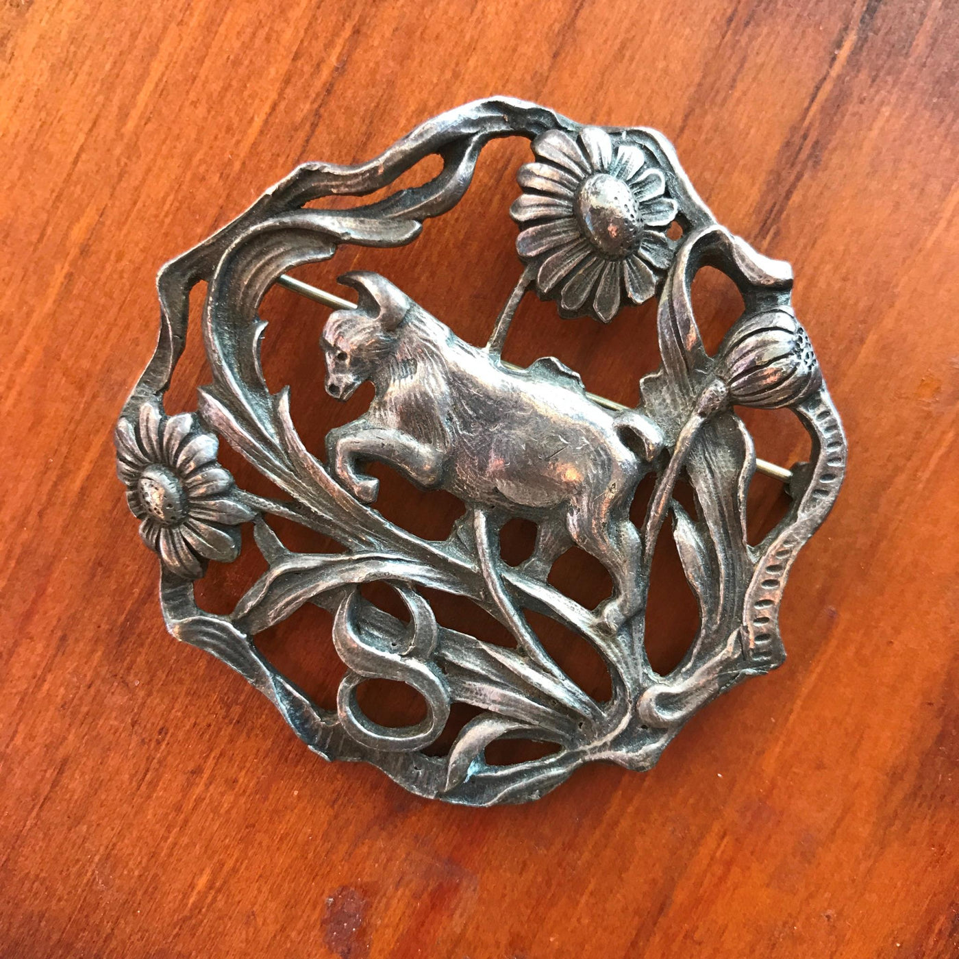 Vintage Large 2" Taurus the Bull Filagree Pin Silver Metal Patina