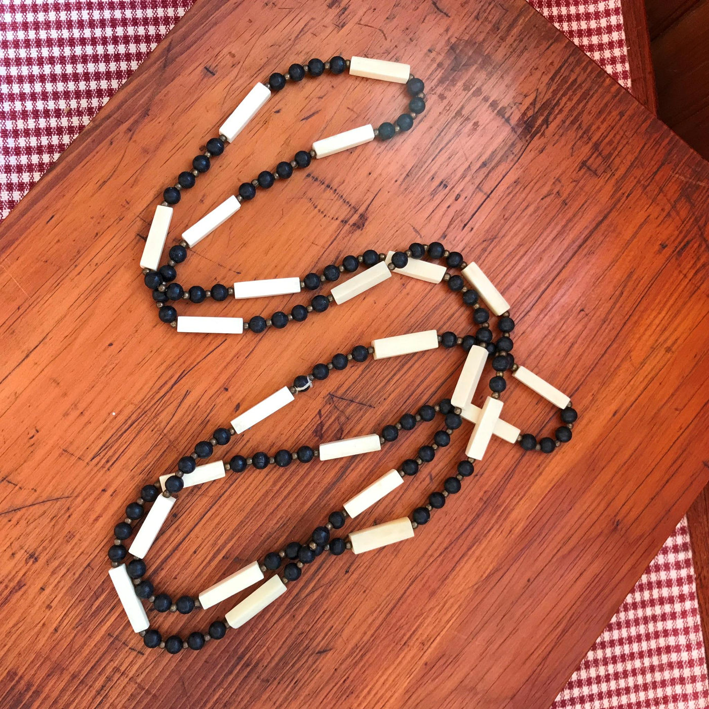 62" Long Length Cream & Black Tile Wood & Brass Tribal Design Necklace