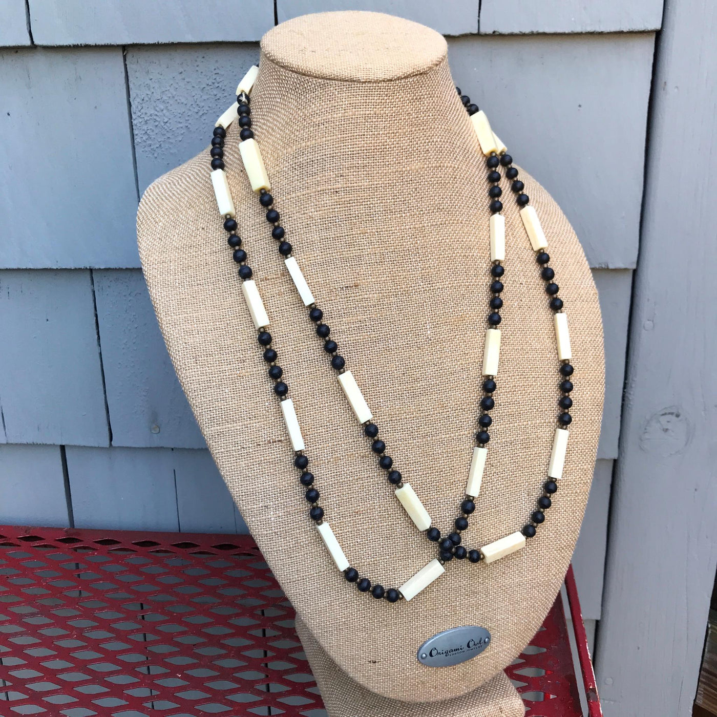 62" Long Length Cream & Black Tile Wood & Brass Tribal Design Necklace