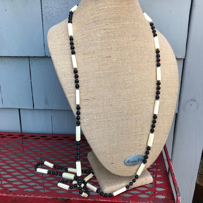 62" Long Length Cream & Black Tile Wood & Brass Tribal Design Necklace