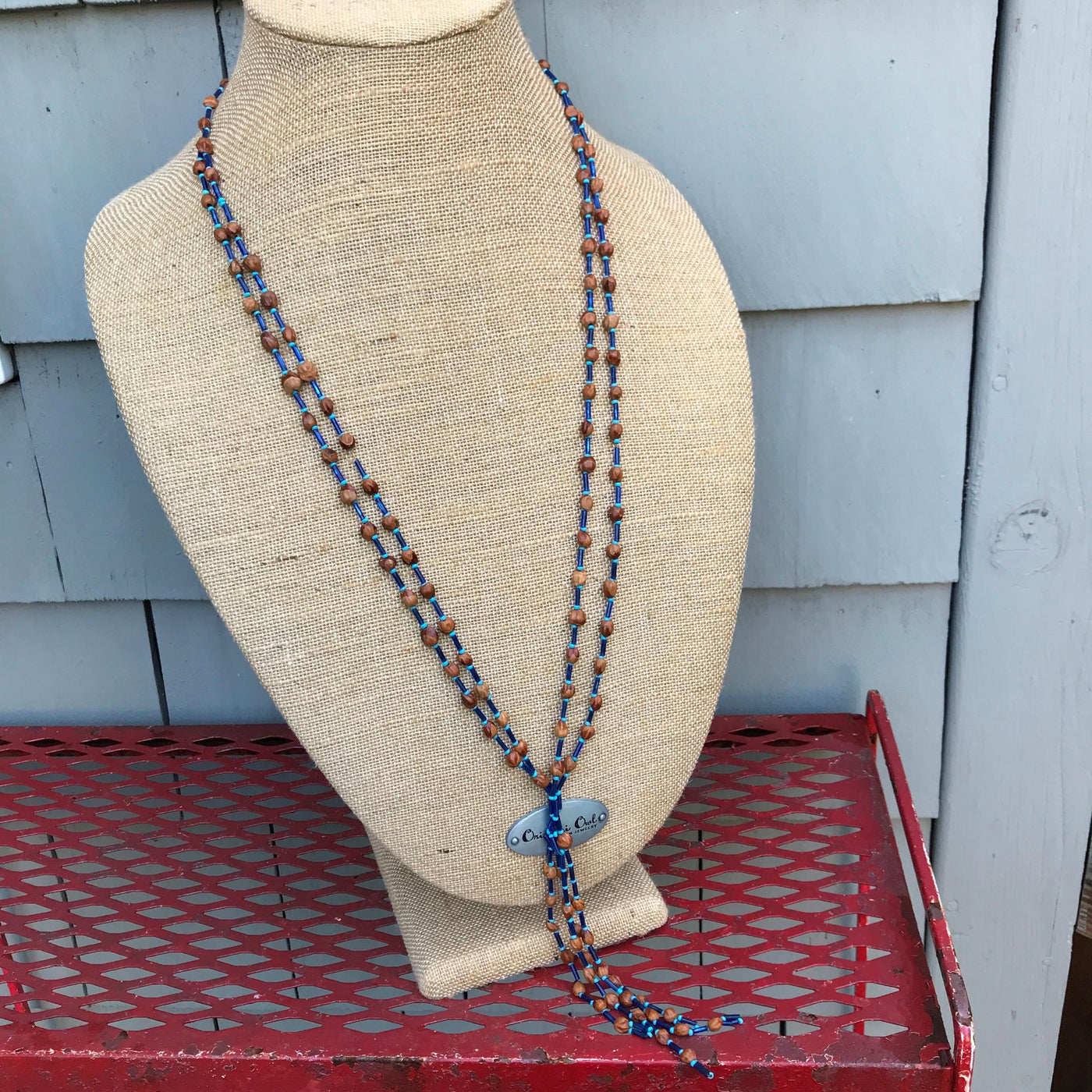 28" Blue Tube Glass & Wood Small Bead Necklace w Fringe Tassel Primal Native