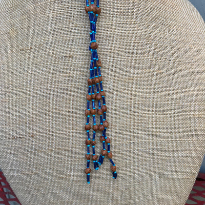 28" Blue Tube Glass & Wood Small Bead Necklace w Fringe Tassel Primal Native