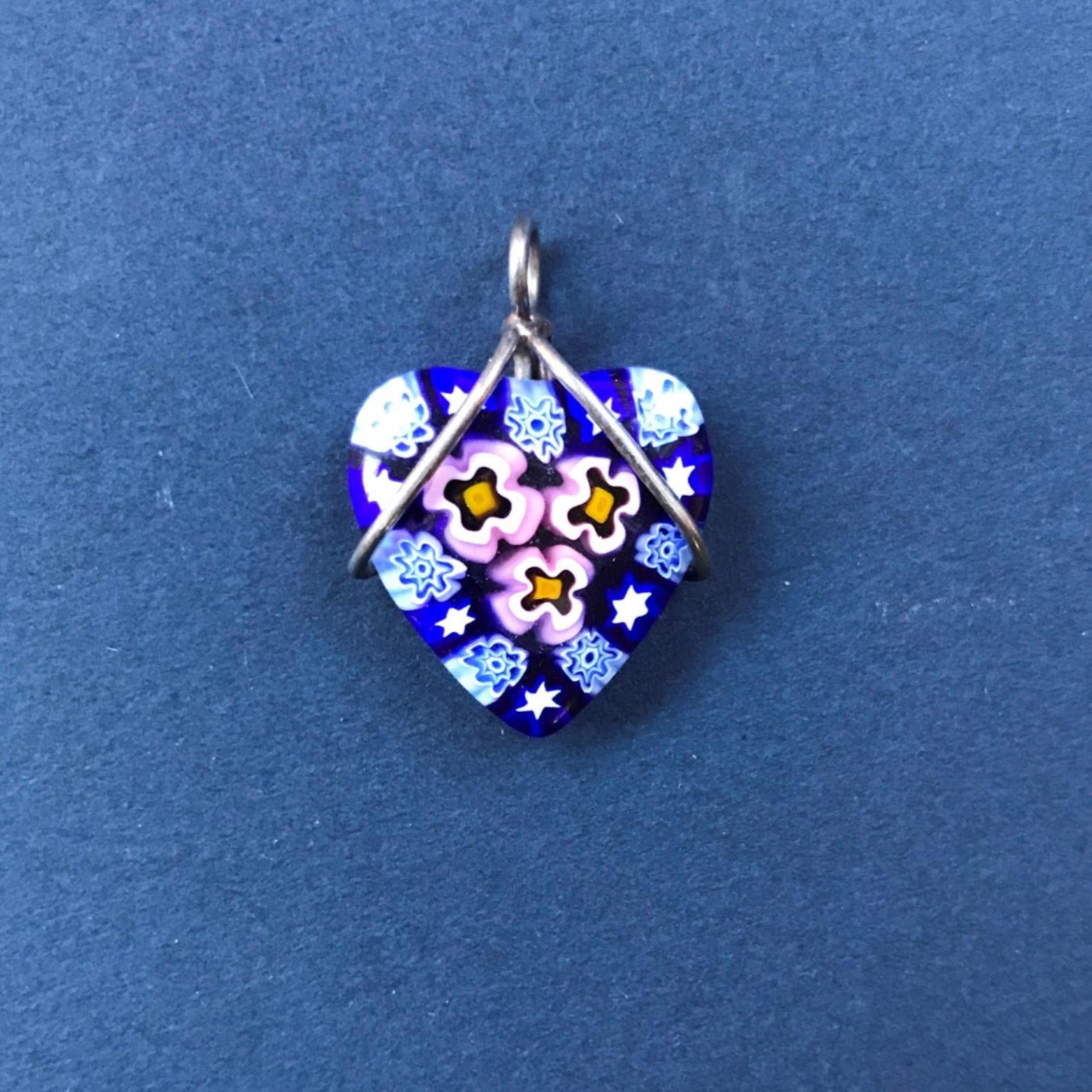 Silver 925 1" Millefiori Flowers & Star Glass Heart Silver Wire & Loop Italy Pendant