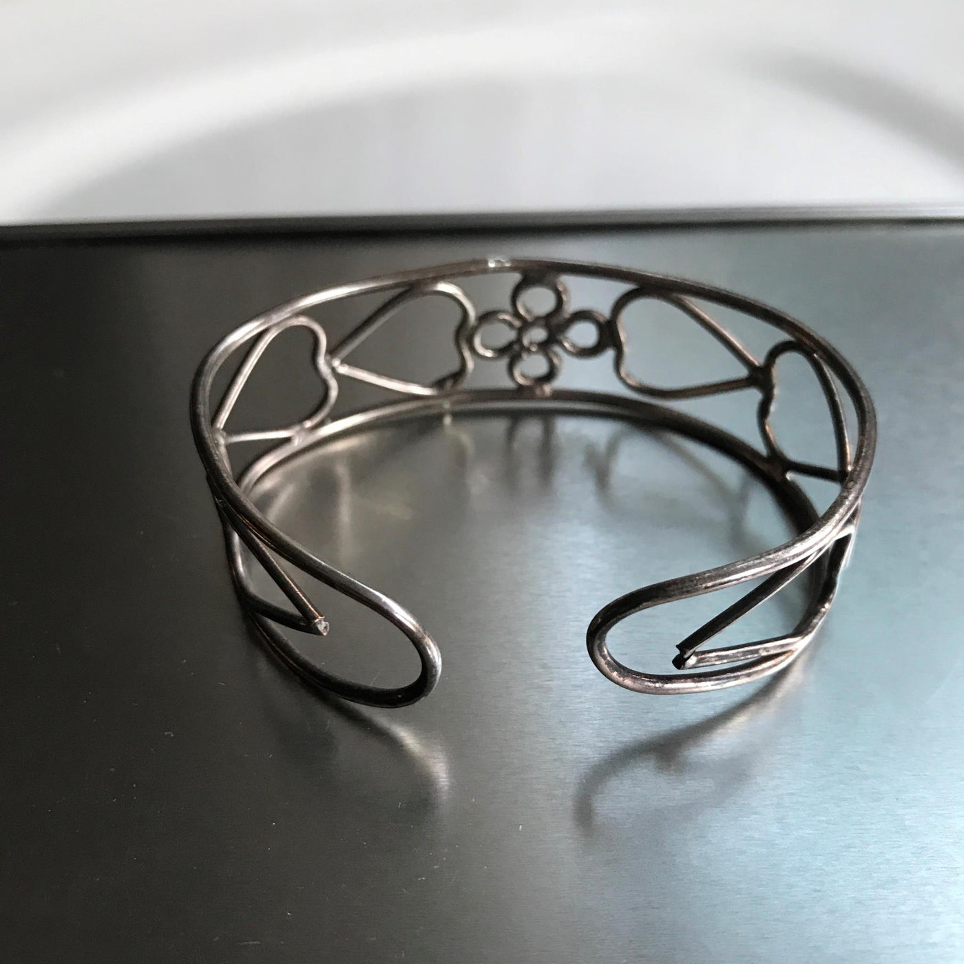 Adjustable Silver Wire Geometric Heart Cuff Bracelet