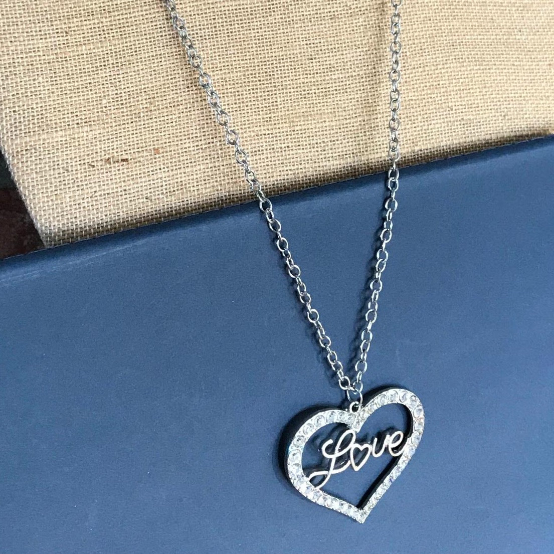 30" Vintage Chain Diamond Lined Heart saying LOVE in Script Silver Chrome Necklace