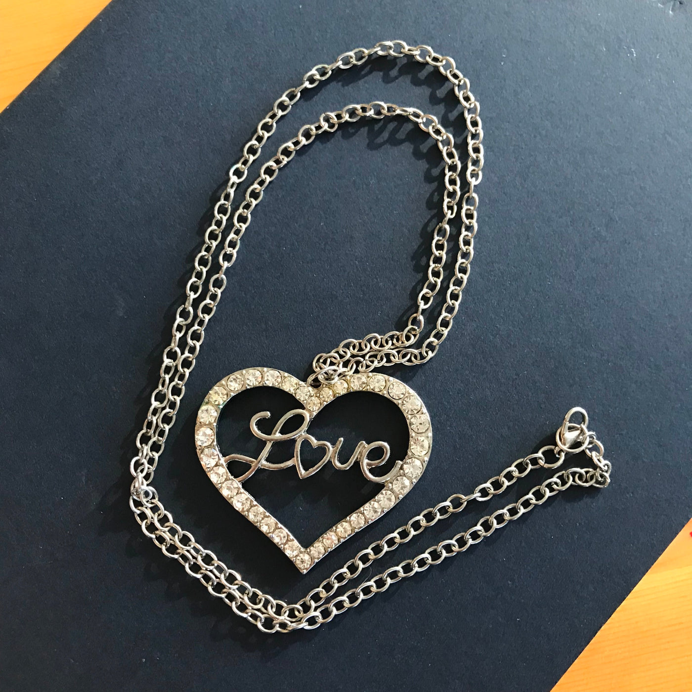 30" Vintage Chain Diamond Lined Heart saying LOVE in Script Silver Chrome Necklace