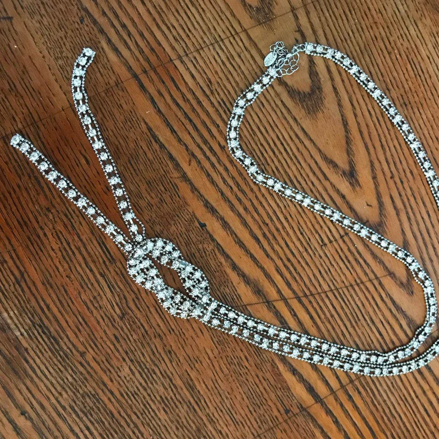 29" Silver Tone Ribbon Shape Bright Rhinestone Long Necklace + 6" Knotted End