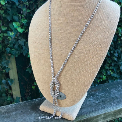 29" Silver Tone Ribbon Shape Bright Rhinestone Long Necklace + 6" Knotted End