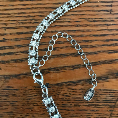 29" Silver Tone Ribbon Shape Bright Rhinestone Long Necklace + 6" Knotted End