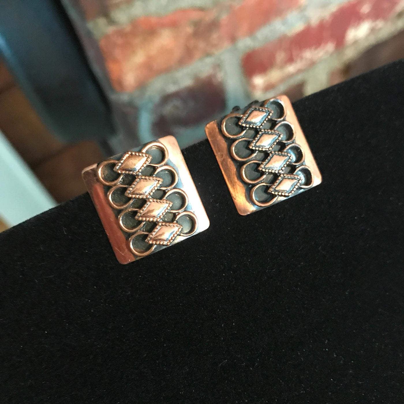 Vintage Retro Copper Rectangle Art Design Metal Clip Earrings