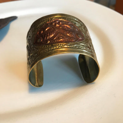 2" W 2 Fishes Metal Brass And Copper Bracelet Half Cuff