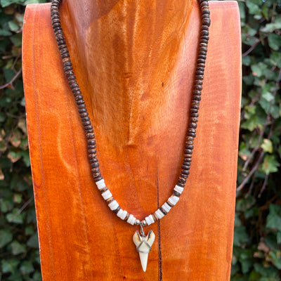 17" Artist made Wood Ceramic Natural Wired Shark Tooth Surfer Necklace Vintage