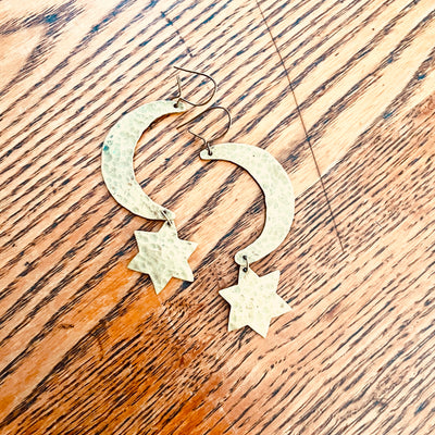 Vintage 2" Artisan Hammered Brass 6 Point Star Crescent Moon Pierced Earrings