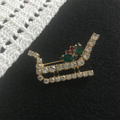 2" Minimalist Christmas Pin Rhinestone Sled Sleigh Holly Spring Lapel Holiday