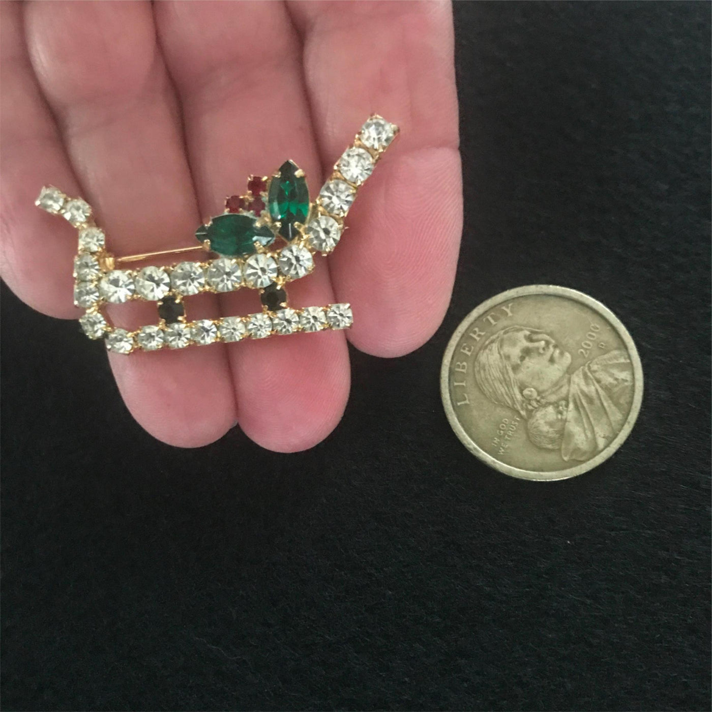 2" Minimalist Christmas Pin Rhinestone Sled Sleigh Holly Spring Lapel Holiday