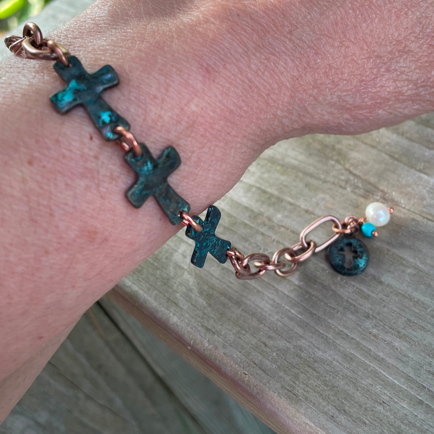 7.5" Artist Made Copper Link Pearl Verdigris Crosses Primal Art Bracelet