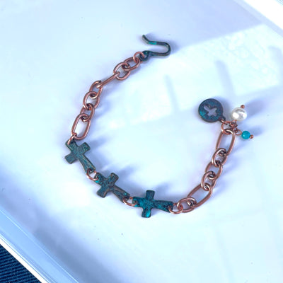 7.5" Artist Made Copper Link Pearl Verdigris Crosses Primal Art Bracelet