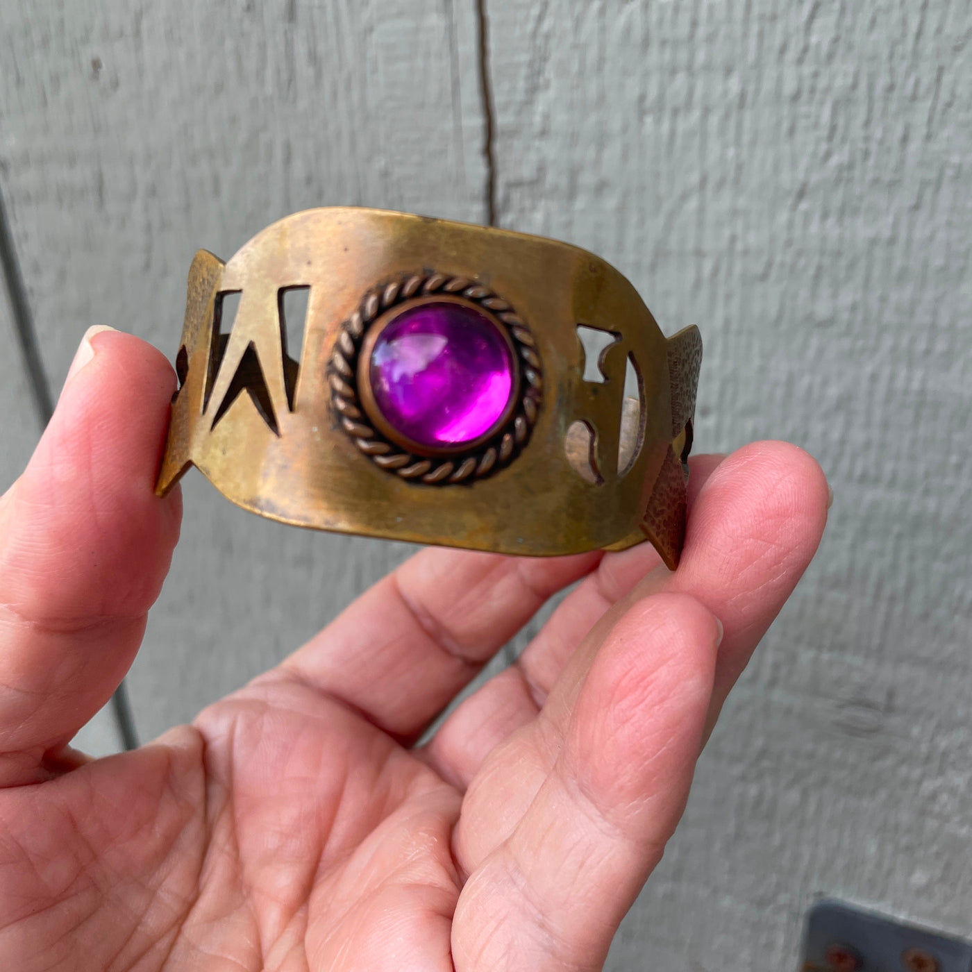 Artist Made Bronze Cuff Purple Dome Stone Primal Art Bracelet