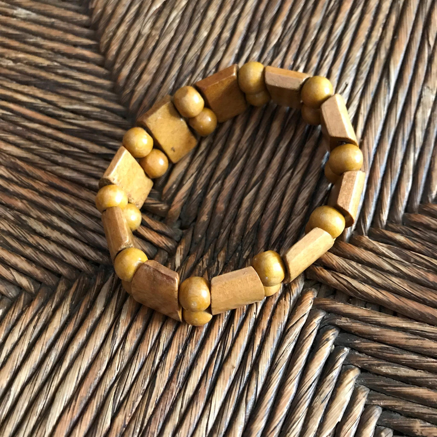 7" Vintage Stretch Polished Light Wood Bracelet Round & Oval Shapes