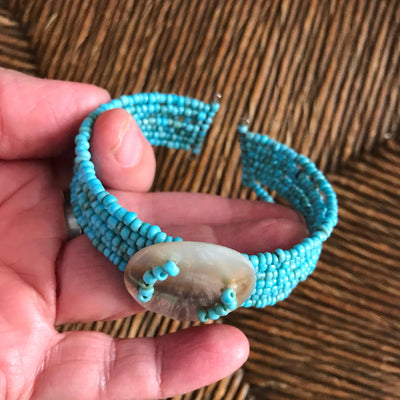 Adjustable Baby Blue Beach Bead 7 Row Wire  Bracelet Cuff w Shell