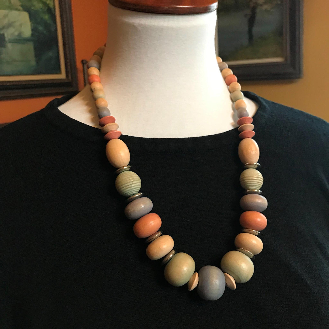 23" Wood Bead Size Necklace Hand Strung Artisan w Chrome Metal Light Tones 3/4"