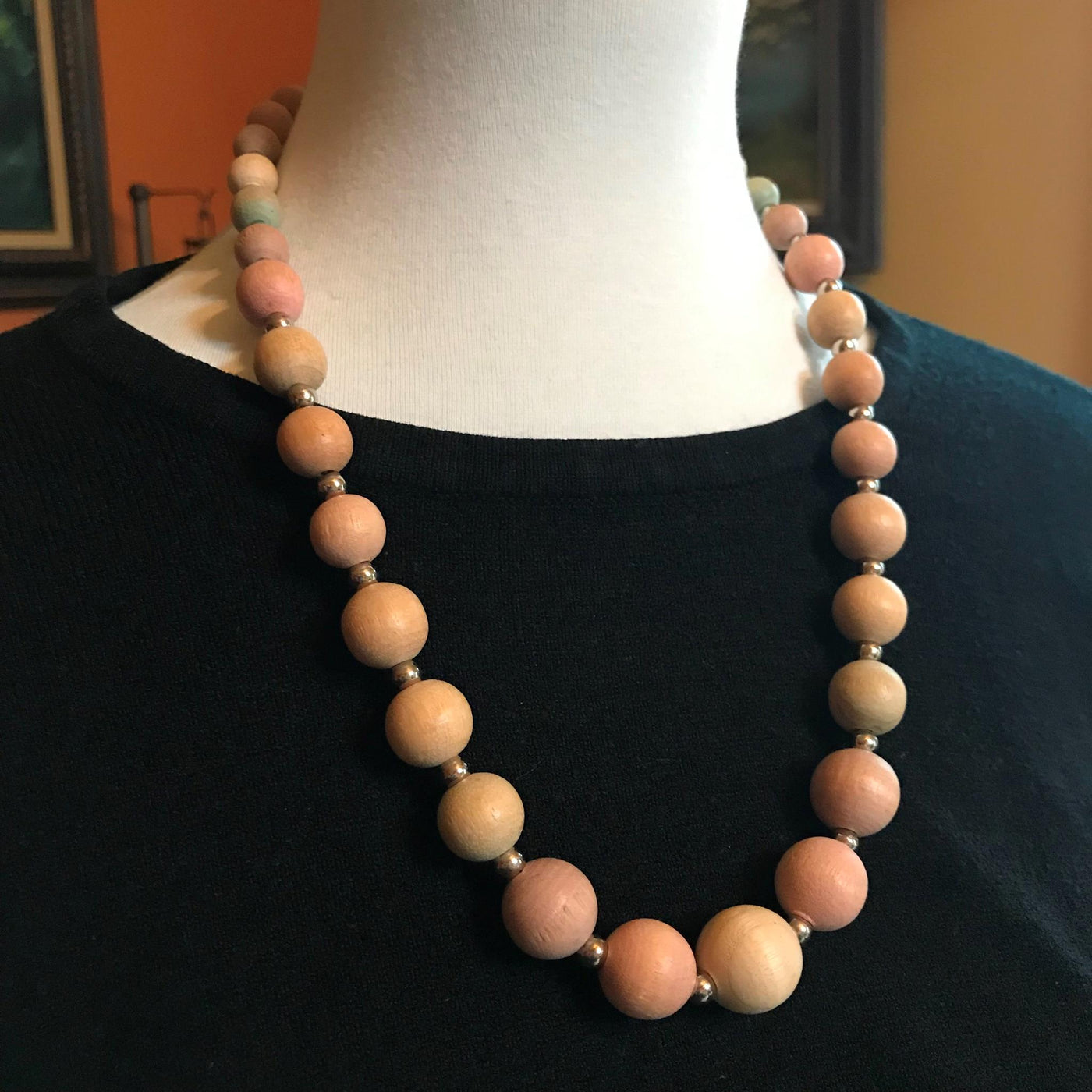 21" Wood Bead Silver Metal Beads & Clasp Light Pastel Tone Necklace