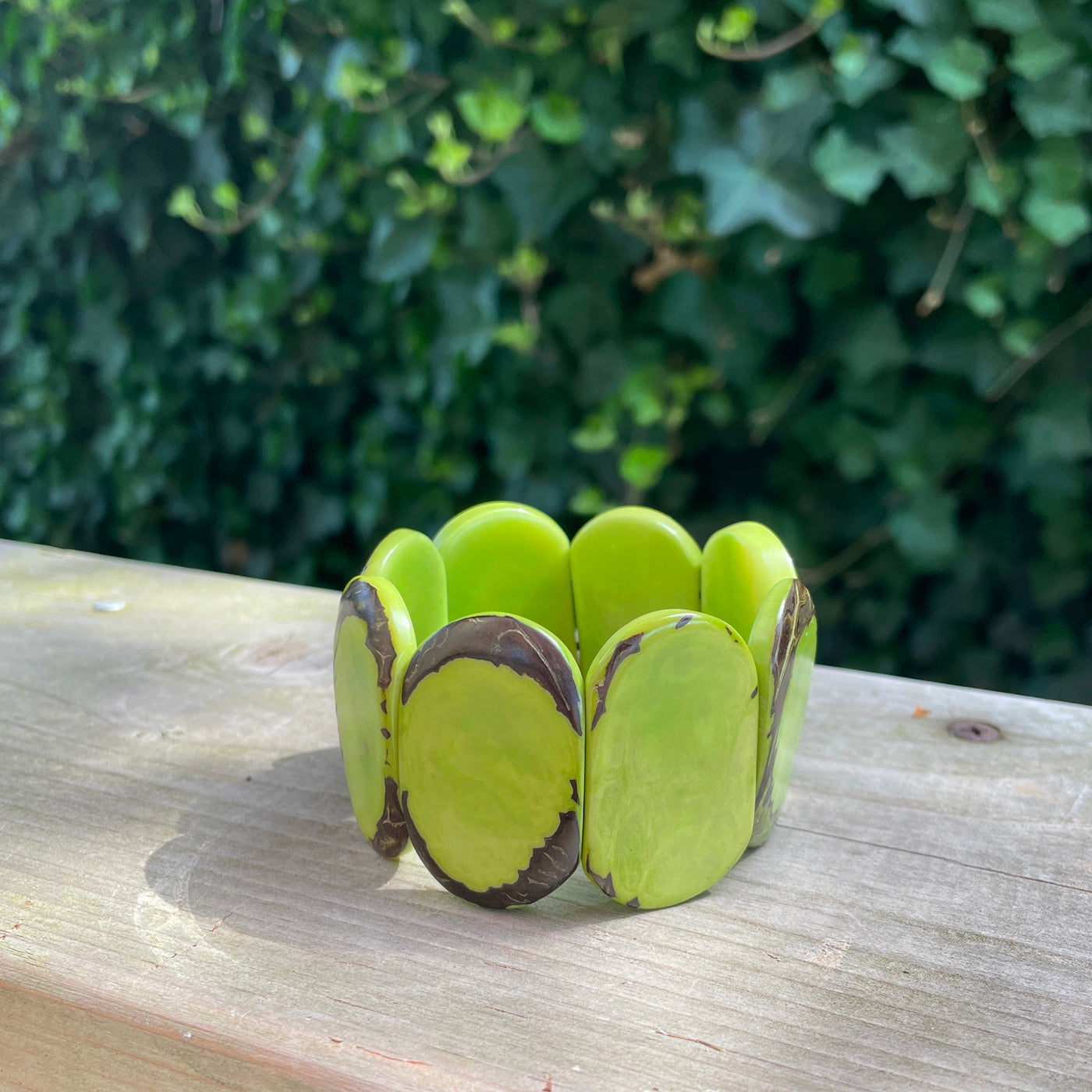 8" Vintage Natural Lime Green Tagua Oval Tile Stretch Bracelet