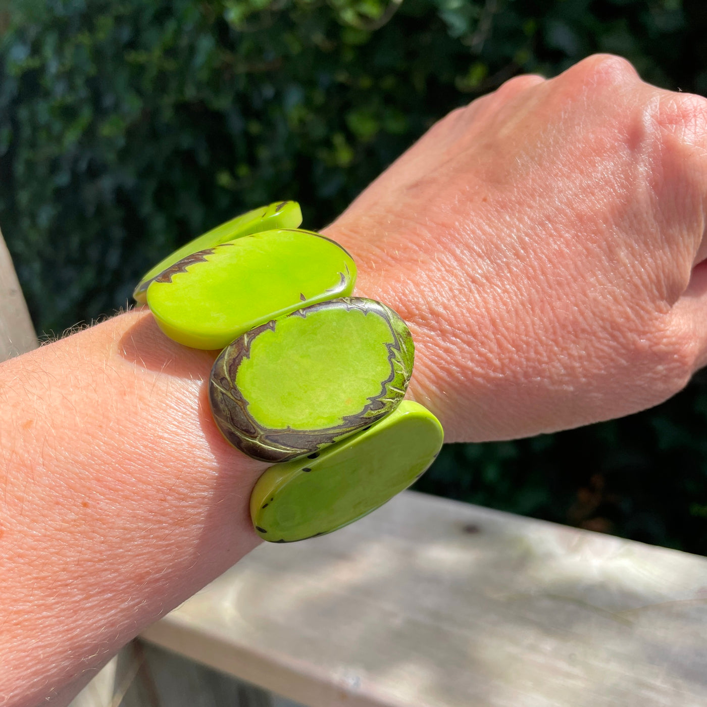 8" Vintage Natural Lime Green Tagua Oval Tile Stretch Bracelet