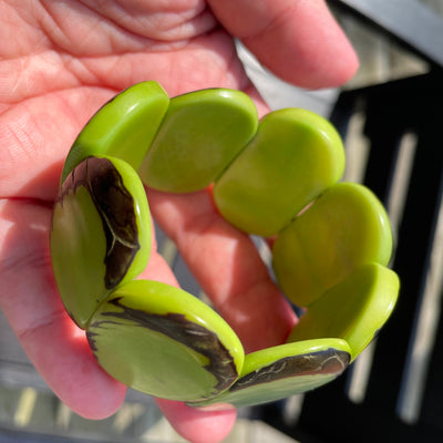 8" Vintage Natural Lime Green Tagua Oval Tile Stretch Bracelet