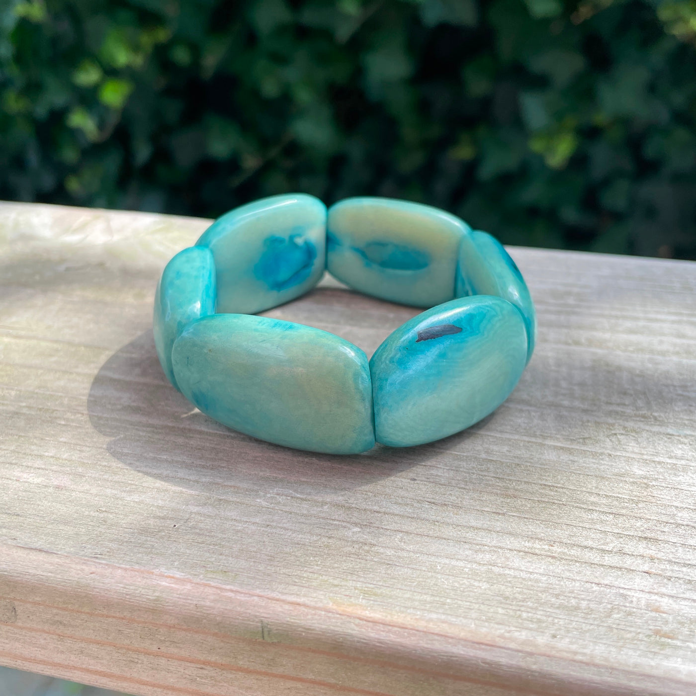 8" Vintage Blue Pastel Tagua Oval Dome Vegan Tile Stretch Bracelet