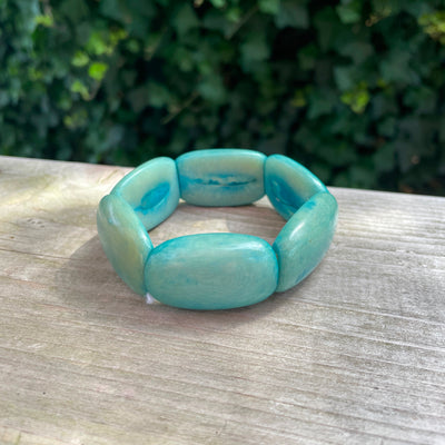 8" Vintage Blue Pastel Tagua Oval Dome Vegan Tile Stretch Bracelet