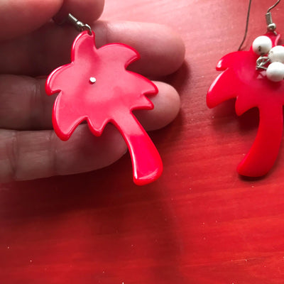 2" Vintage Red Thermoplastic Palm Tree Dangle Pierced Hook Earrings Retro Style