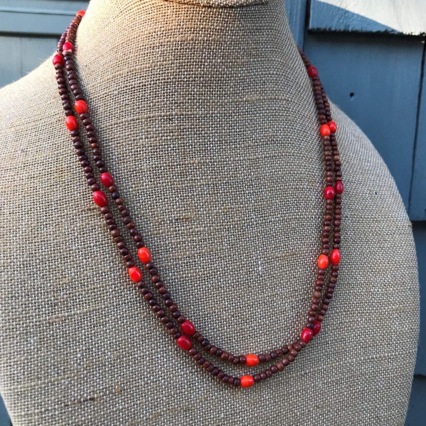 48" Wood Orange & Natural Mahogany Bead Necklace Extra Long Length No Clasp