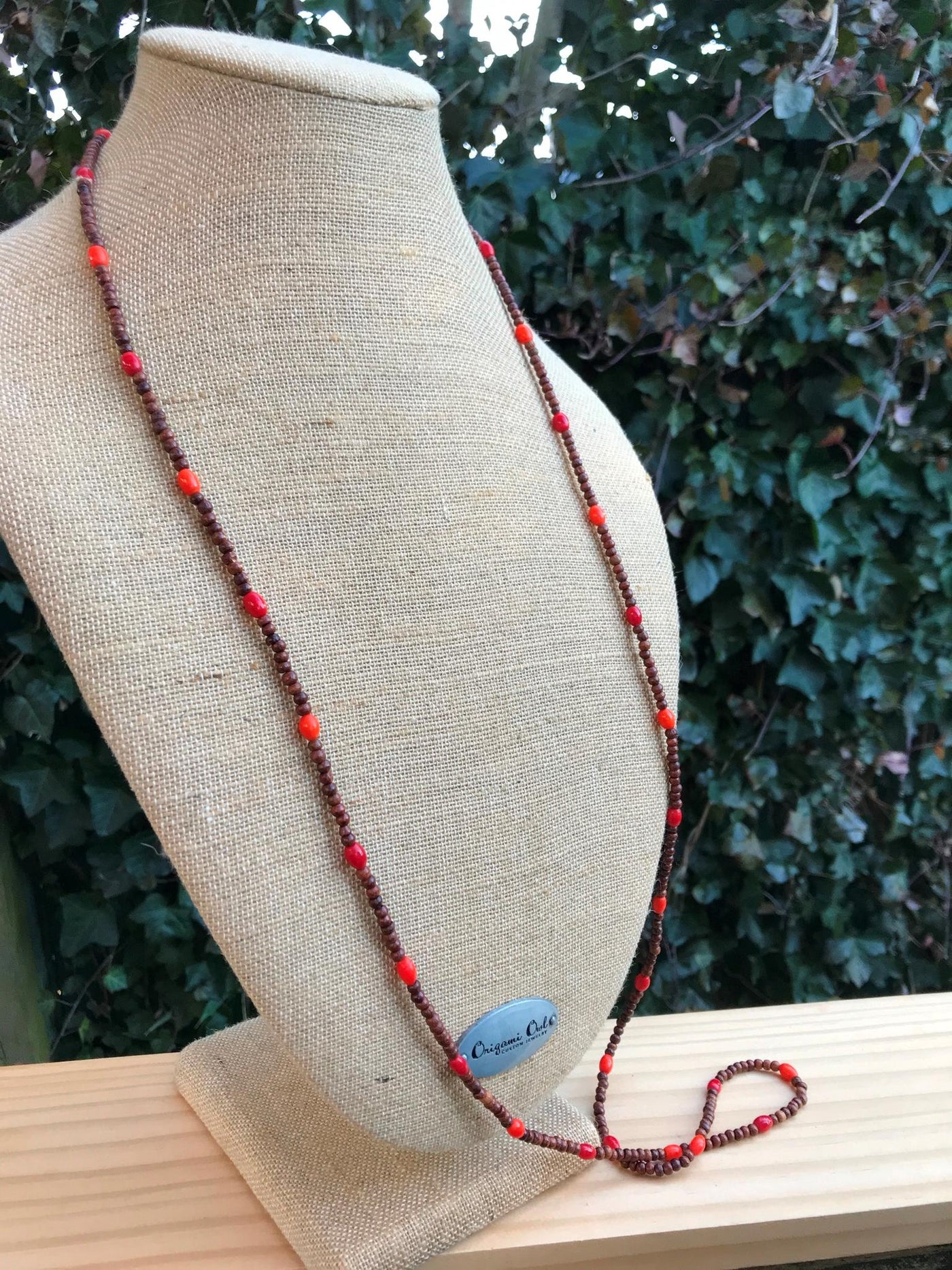 48" Wood Orange & Natural Mahogany Bead Necklace Extra Long Length No Clasp