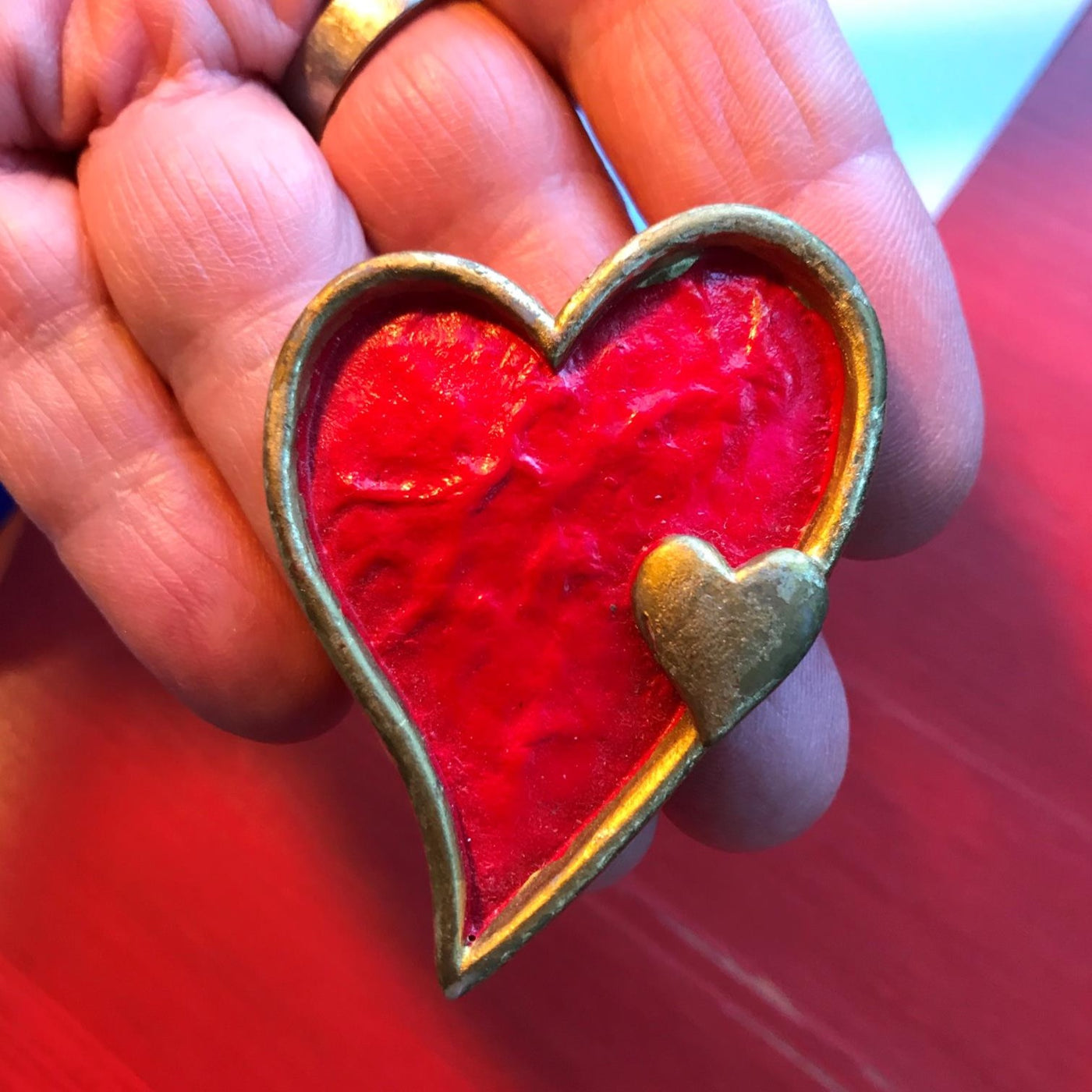 2.5" Large Heart Lapel Pin with little Gold Heart Hard Thermoplastic