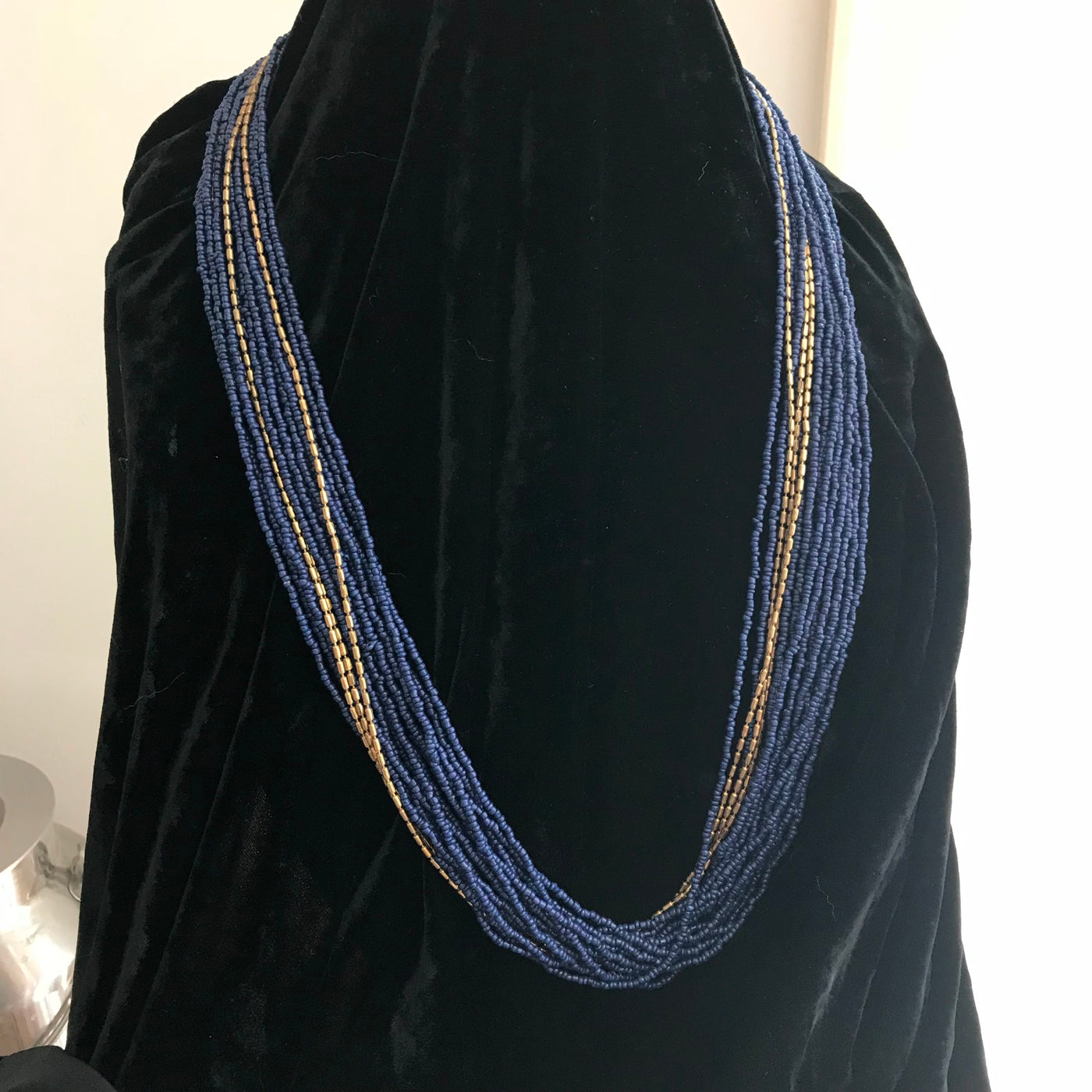 34" Blue & Gold Multi Strand Brass Ceramic Beads Weighted Necklace