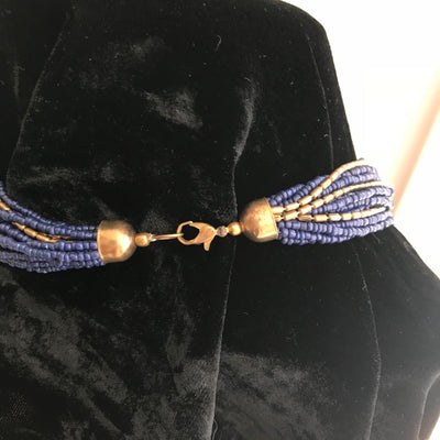 34" Blue & Gold Multi Strand Brass Ceramic Beads Weighted Necklace