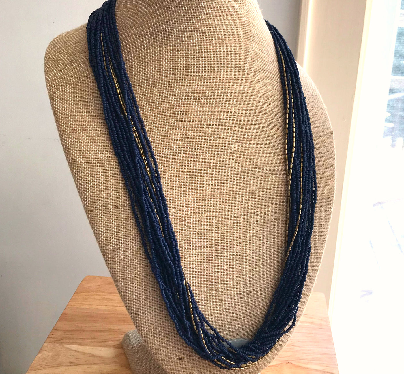 34" Blue & Gold Multi Strand Brass Ceramic Beads Weighted Necklace