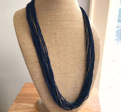 34" Blue & Gold Multi Strand Brass Ceramic Beads Weighted Necklace