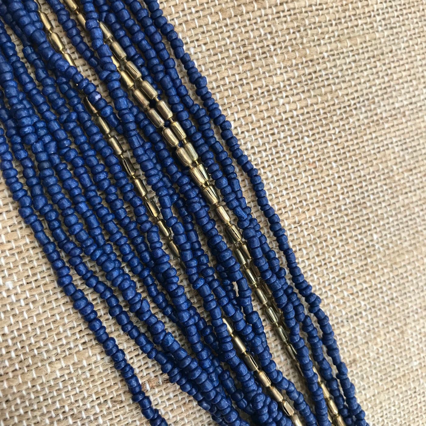 34" Blue & Gold Multi Strand Brass Ceramic Beads Weighted Necklace