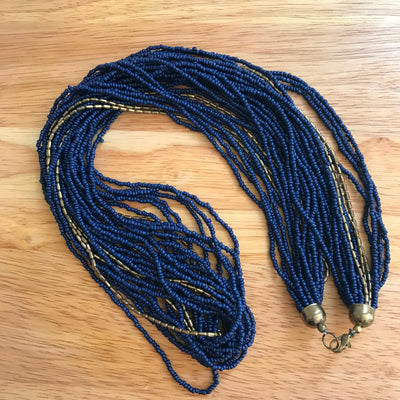 34" Blue & Gold Multi Strand Brass Ceramic Beads Weighted Necklace