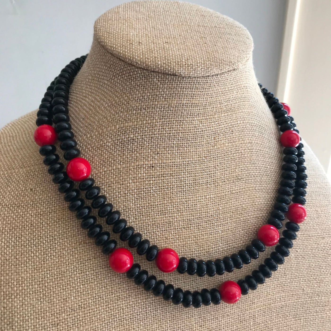 20" Double Strand Black & Red Bead Necklace Primal Style / Casual Sweet