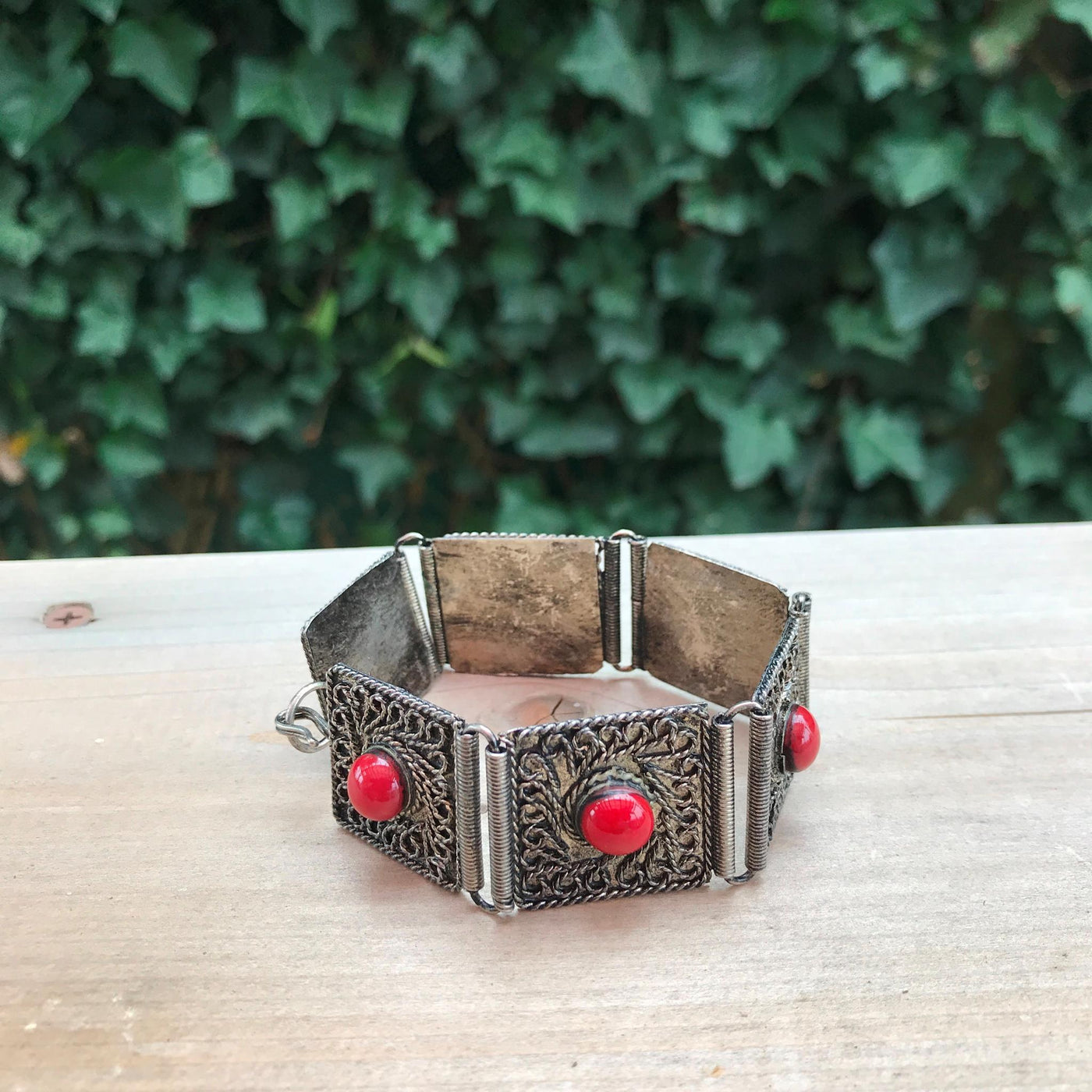 7"Vintage 6 piece Segmented Metal Bracelet w Dark Red Stones Hook Clasp Bracelet